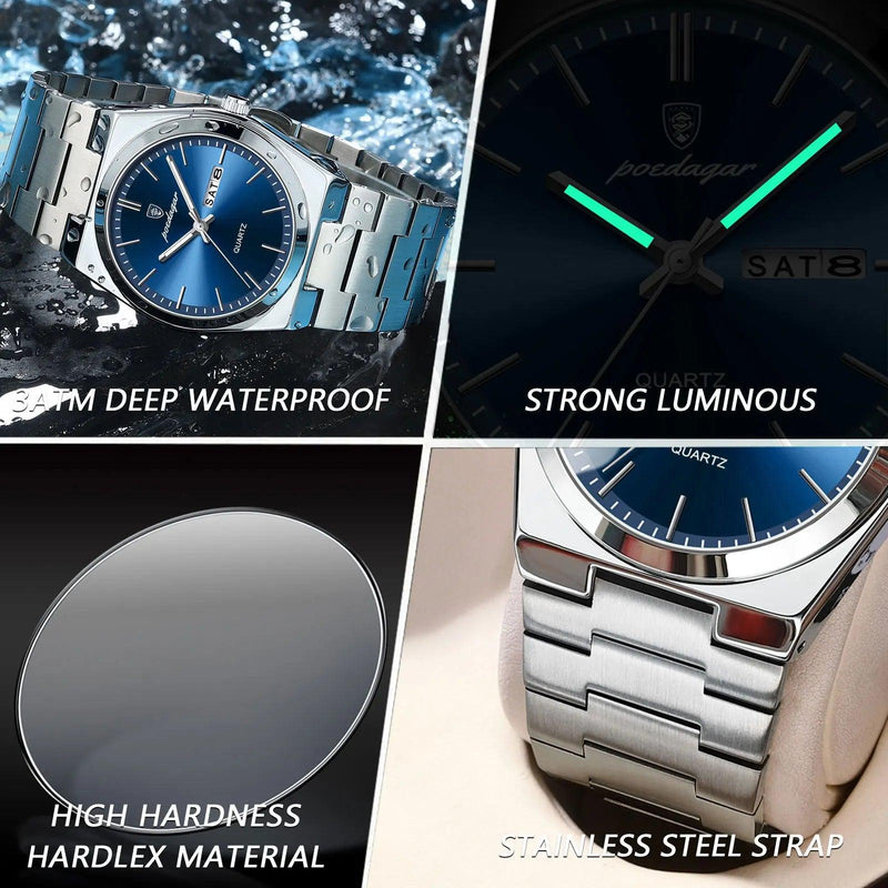 Relógio Quartzo de Luxo Masculino, Impermeável, Luminoso, Data Week, Aço Inoxidável, Casual, Relógio Masculino, Caixa Incluída - ffenixdosrelogios