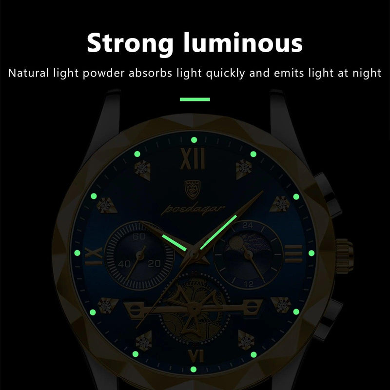Relógio de pulso luxo masculino cronógrafo luminoso impermeável de aço inoxidável - ffenixdosrelogios